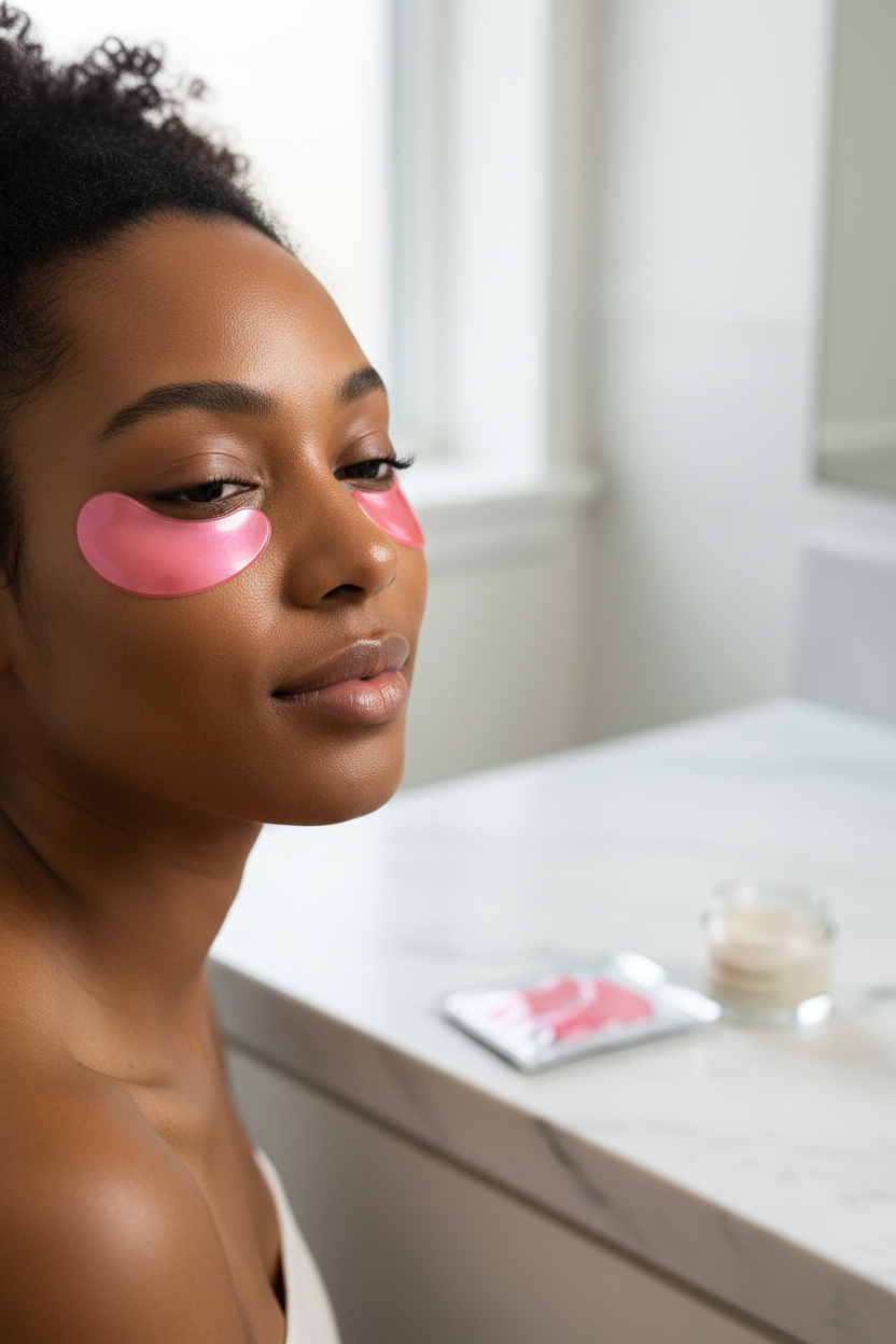 Black woman wearing under eye mask