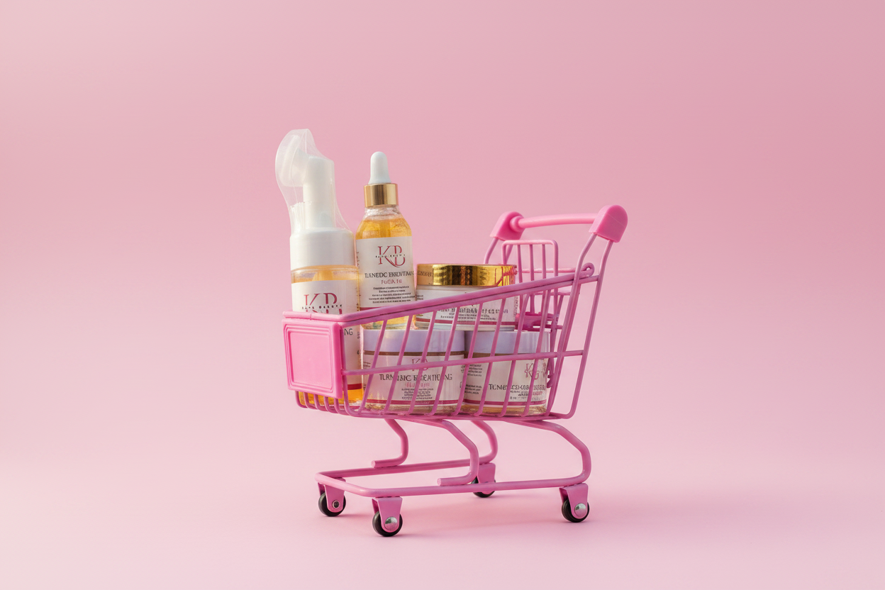 Kaya Beauty Products in Pink Mini Trolley - Clean Background